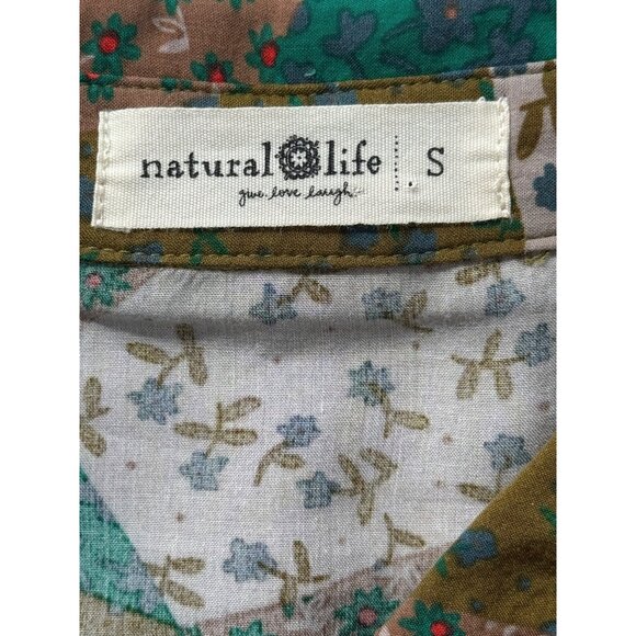 Natural Life Womens Mini Shirt Dress Tunic Button Up Patchwork Green Tan Size S - Picture 4 of 7